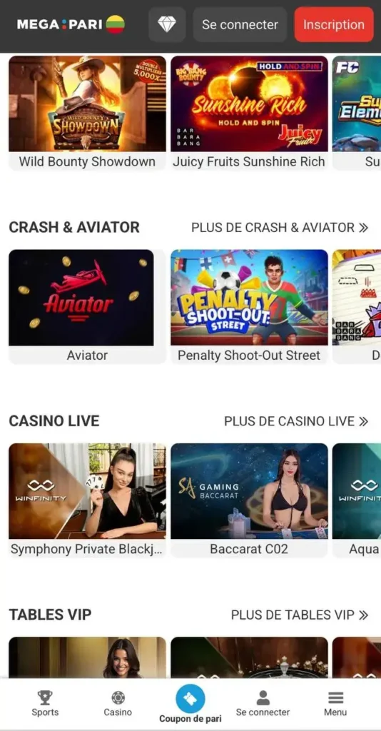 Application mobile Megapari Côte d'Ivoire avec le casino en direct et le sportsbook