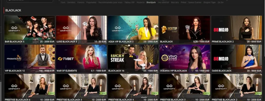 Tables de blackjack en direct sur Megapari Côte d'Ivoire