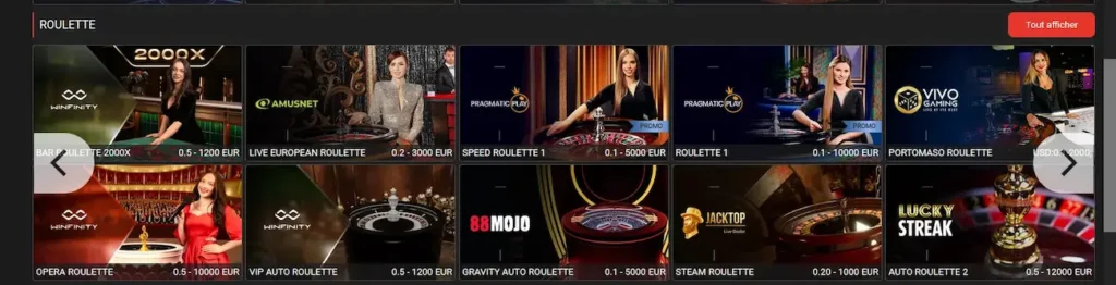 Tables de roulette en direct Megapari Côte d'Ivoire avec les mises minimales et maximales